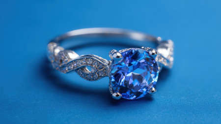 A stunning blue gemstone ring rests elegantly against a bright blue backdrop sparkling in the light.の素材