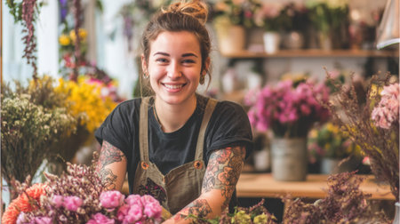 A cheerful young woman with tattoos works in a flower shop, surrounded by vibrant flowers and greenery, showing her passion for floristry in a lively urban setting.の素材