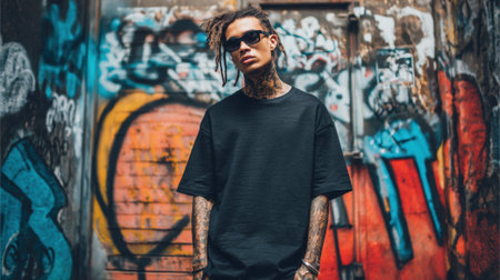A young man with a distinct style, wearing sunglasses and a loose black t-shirt, poses confidently in front of vibrant graffiti. The urban setting enhances his bold look.の素材