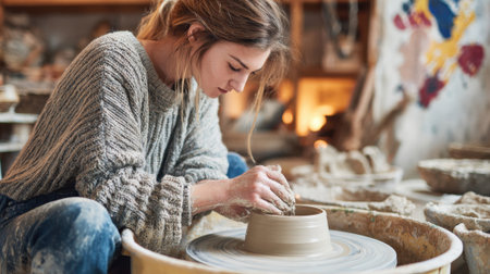 A young woman works diligently on a pottery wheel, shaping wet clay into a bowl. Sunlight streams into the serene studio, highlighting her concentration and creativity.の素材