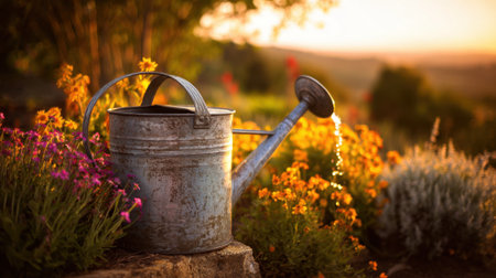 A weathered watering can rest amidst colorful flowers as the sun sets, casting a warm glow over the peaceful garden. Nature thrives in this calm, tranquil scene.の素材