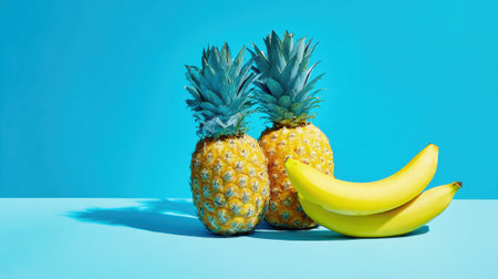 Two pineapples and bunch of bananas rest on a bright blue surface showing freshness and color.の素材