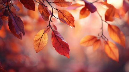Vibrant orange and red leaves glow softly as sunlight filters through them creating a peaceful scene.の素材