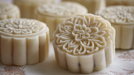 Artfully designed mooncakes are displayed together, showing their intricate patterns and smooth textures. These delicacies are commonly enjoyed during cultural holidays.の素材