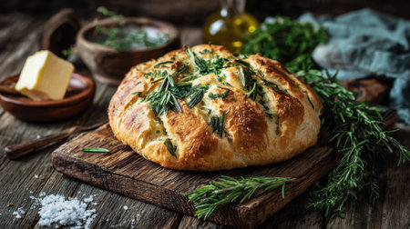 Homemade bread topped with fresh rosemary sits on a wooden board beside butter and butter.の素材