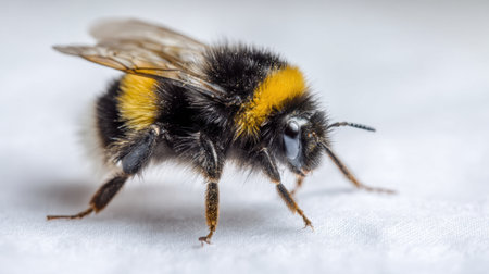 A bumblebee crawls on a soft white surface, highlighting its vibrant yellow and black striped body. The bee is focused on its task, appearing active and lively in a close-up view.の素材