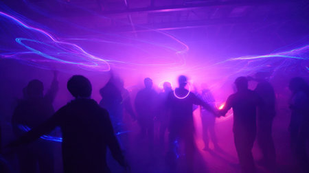 People enjoy an energetic dance party in a large warehouse. Colorful lasers cut through the fog, creating a vibrant and dynamic atmosphere as music plays.の素材