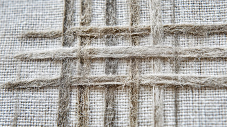 Close-up view of woven fabric highlighting fine textures and patterns. The fibers interlace in neutral colors, showing craftsmanship and material quality in a natural and artistic manner.の素材