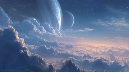 A stunning view of a celestial landscape showcasing colorful clouds and two distant planets glowing against a twilight sky, creating a serene, otherworldly atmosphere.の素材