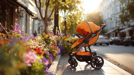 A vibrant orange stroller stands beside blooming flowers on a sunny street during sunset.の素材