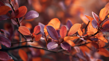 Vibrant orange and purple leaves dance in the gentle breeze of a peaceful autumn day.の素材