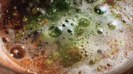 A close-up view of bubbling liquid in a pot shows a mix of brown and green tones. Tiny bubbles rise to the surface, indicating active cooking.の素材