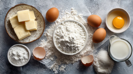 Various baking ingredients laid out on a kitchen countertop ready for an exciting recipe.の素材