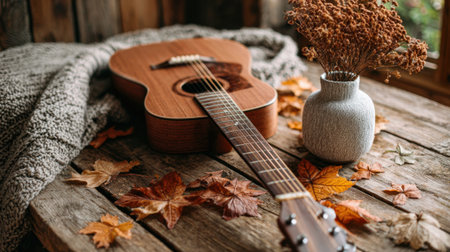 A wooden guitar rests on a rustic table surrounded by autumn leaves and a small vase of dried flowers, creating a warm and inviting atmosphere indoors.の素材