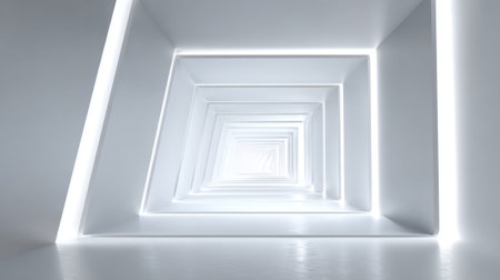 A corridor twists inward with clean white walls and bright lights illuminating the space. The design creates a sense of depth and draws the viewer toward the center.の素材