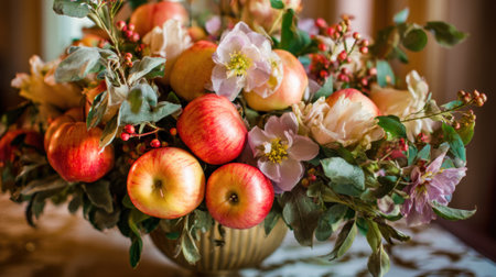A colorful arrangement featuring red apples and delicate flowers in shades of white and pink. This centerpiece adds charm to a dining space with warm lighting.の素材