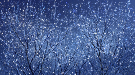 Snowflakes gently fall over bare tree branches, creating a serene winter landscape. The night sky sparkles with stars, adding to the enchanting scene.の素材