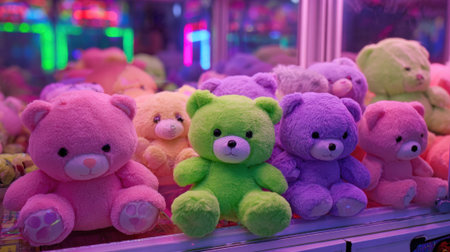 A collection of vibrant plush bears in various pastel colors fills a claw machine. The setting is an amusement center lit with colorful neon lights, creating a fun atmosphere.の素材