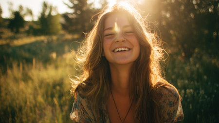A young woman is smiling brightly in a field during a warm sunny afternoon. The golden sunlight backlights her hair, creating a joyful atmosphere in nature.の素材