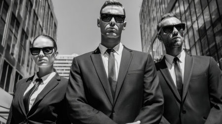 Three professional security agents dressed in black suits and sunglasses pose on a bustling city street under a clear sky.の素材