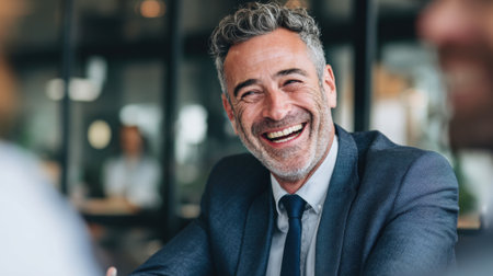 A man with gray hair and a suit smiles widely while engaged in a business meeting in a contemporary office setting. His cheerful demeanor brings a positive energy to the discussion.の素材
