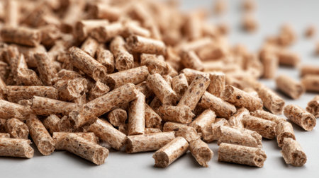 Small cylindrical wood pellets are spread across a gray surface, highlighting the renewable energy resource for efficient heating in residential spaces.の素材