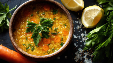 A bowl of warm lentil soup sits on a dark surface, garnished with fresh parsley. Nearby, lemon slices, carrots, and salt crystals create a vibrant and inviting scene.の素材