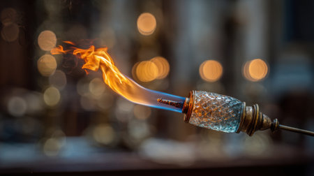 A beautifully crafted torch burns brightly in a historical space, its warm flame illuminating the surrounding area. The glass holder reflects flickering light, adding charm.の素材
