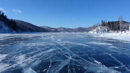 A frozen stunning lake showcases smooth, clear ice patterns. Surrounding mountains rise against a bright blue sky, offering a serene winter scene perfect for outdoor activities.の素材