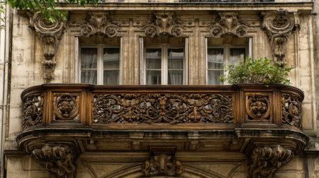 A beautiful wooden balcony features detailed carvings surrounded by elegant architecture in Paris.の素材