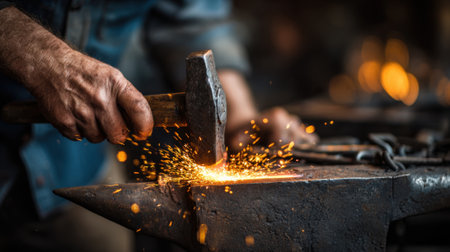 A skilled blacksmith hammers heated metal on an anvil, sending bright sparks flying. The workshop is filled with the warm glow of ambient light and tools of the trade.の素材