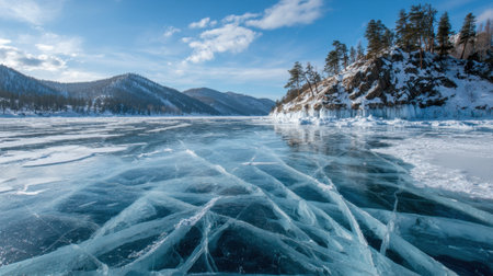 A frozen lake showcases intricate ice patterns, with mountains and tall trees rising in the background. The scene is illuminated by a bright blue sky scattered with clouds.の素材
