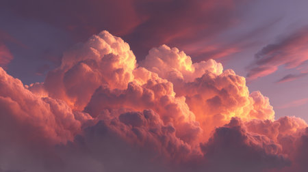 Vivid clouds glow with shades of orange and purple during sunset, filling the sky with dramatic colors above a peaceful horizon. Nature showcases its beauty in the evening.の素材