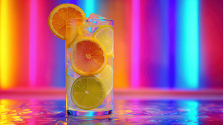 A tall glass filled with ice and slices of lemon and lime is displayed against a bright and colorful neon background. The atmosphere suggests a lively bar at night.の素材
