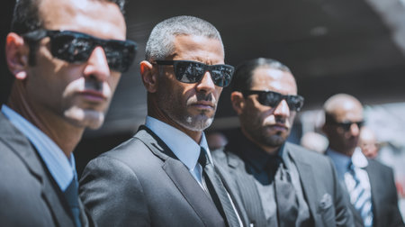 A group of three well-dressed security personnel, wearing sunglasses, closely monitors the surroundings during a public gathering in an urban setting.の素材