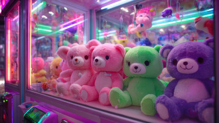 Soft, colorful plush bears sit inside a claw machine, illuminated by vibrant neon lights in an arcade setting. Visitors eagerly watch and try to win their favorite stuffed animals.の素材