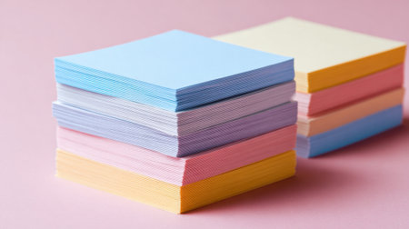 Brightly colored paper stacks are arranged with care against a soft pastel backdrop perfect for creative projects.の素材