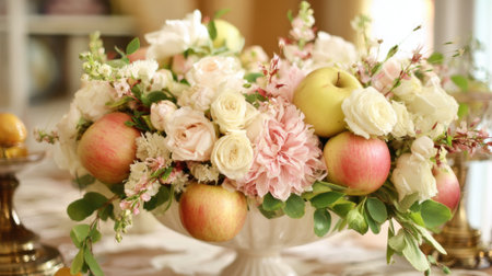 A vibrant display features fresh flowers and apples arranged in an elegant bowl. The setting is warm and inviting, perfect for a gathering.の素材