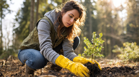 A woman in a green vest and yellow gloves carefully plants a small tree in a forest. Sunlight filters through the trees, creating a hopeful atmosphere for new growth.の素材