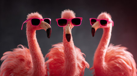 Three vibrant flamingos stand together showcasing their bright feathers and cool sunglasses in a lively scene.の素材