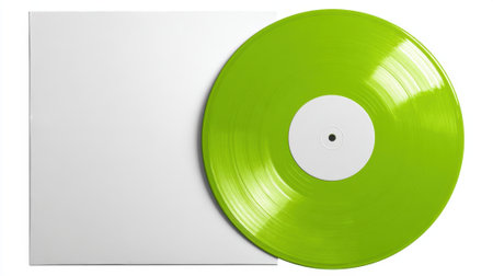 Bright green vinyl record rests next to a clean white album cover showcasing a modern aesthetic.の素材