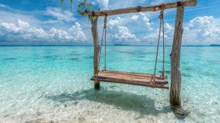 A wooden swing hangs over shallow turquoise water on a serene beach. The bright blue sky filled with fluffy clouds enhances the tranquil atmosphere, inviting relaxation and enjoyment.の素材