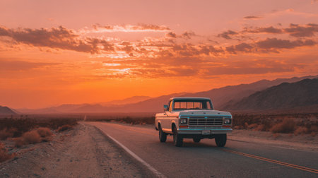 A vintage truck drives down a lonely desert road as the sun sets painting the sky in warm hues.の素材
