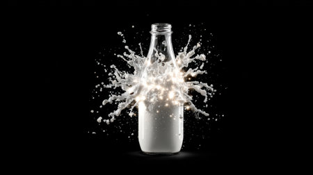 A bottle of milk bursts open sending creamy splashes outward in an eye catching display.の素材