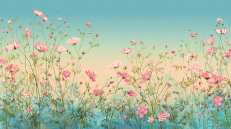Delicate pink wildflowers dance gently in a calming breeze as day transitions to evening.の素材