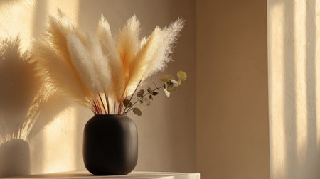 Soft sunlight highlights a chic pampas grass bouquet in a sleek black vase on a white shelf.の素材