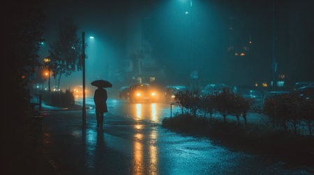 A person walks under an umbrella along a wet street during a rainy night surrounded by glowing headlights.の素材