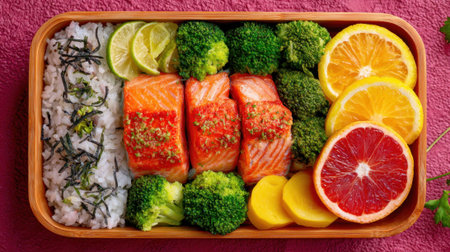 A delightful bento box showcases fresh salmon vibrant broccoli and colorful citrus fruits.の素材