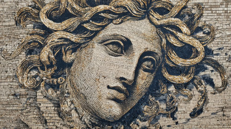 A captivating ancient mosaic showcases a mythological figure with detailed flowing hair capturing emotion.の素材