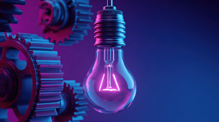 A unique light bulb hangs against colorful gear backgrounds showing creativity in design and style.の素材